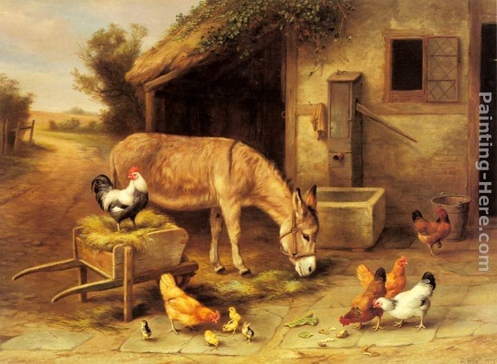 Edgar Hunt A Donkey and Chickens Outside a Stable